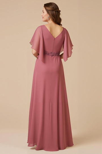 Desert Rose Chiffon Une Ligne Appliquée Mère de la Mariée Robe Avec Manches